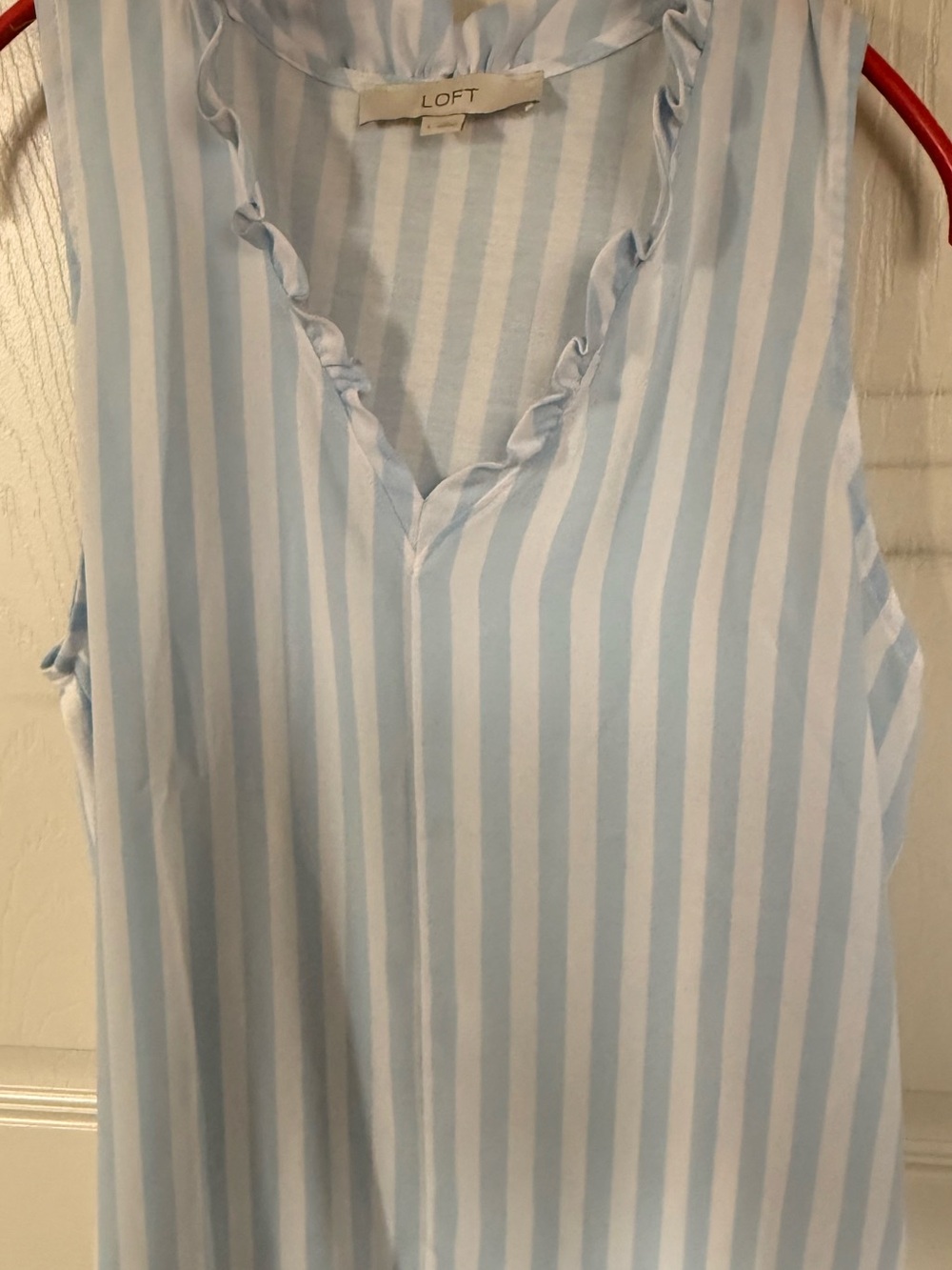 LOFT Blue & White Striped Ruffle V-Neck Shell - Picture 2 of 4
